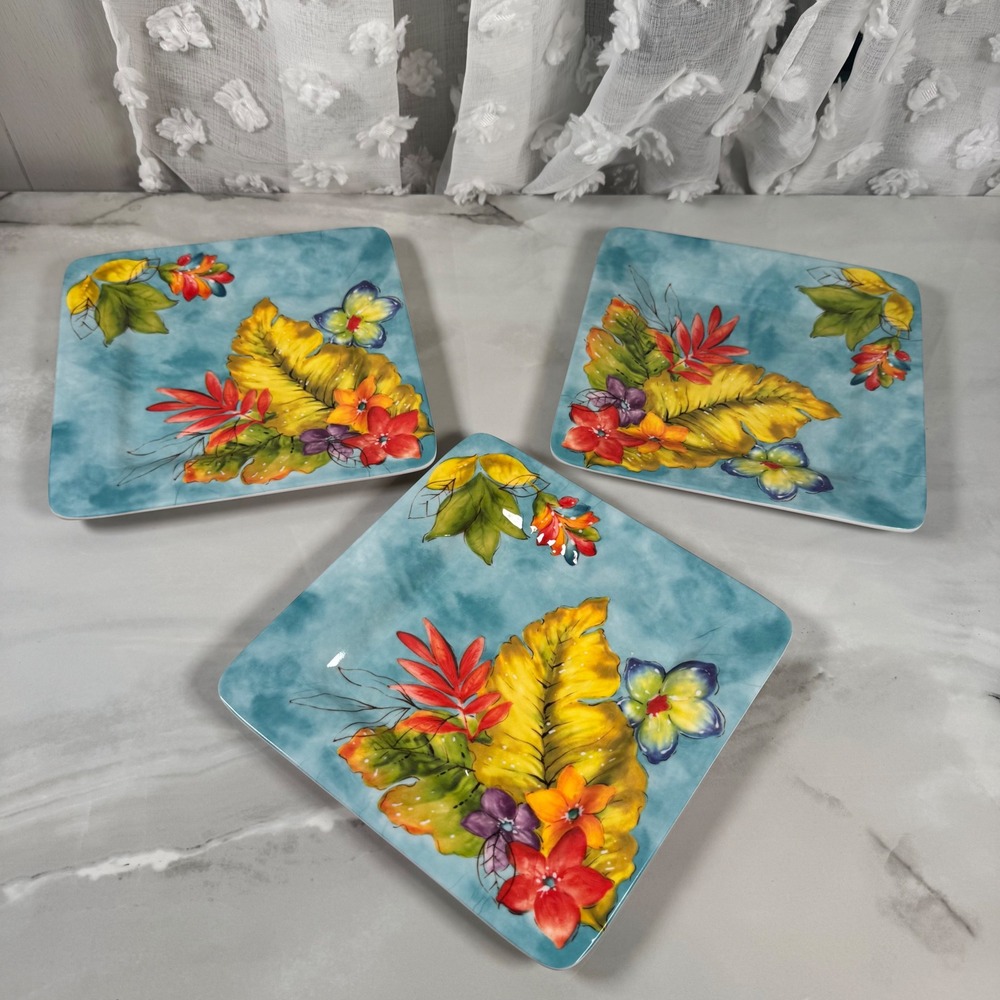 Laurie Gates Tropicalla Square Melamine Dessert Plates Salad Luncheon Set of 3